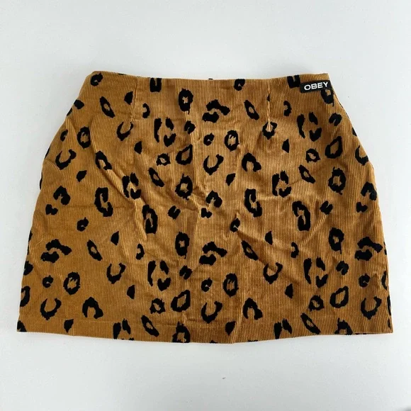 Obey Leopard Print Corduroy Mini Skirt 26 Tan Black Zip Front Y2K Punk Grunge - Picture 7 of 7